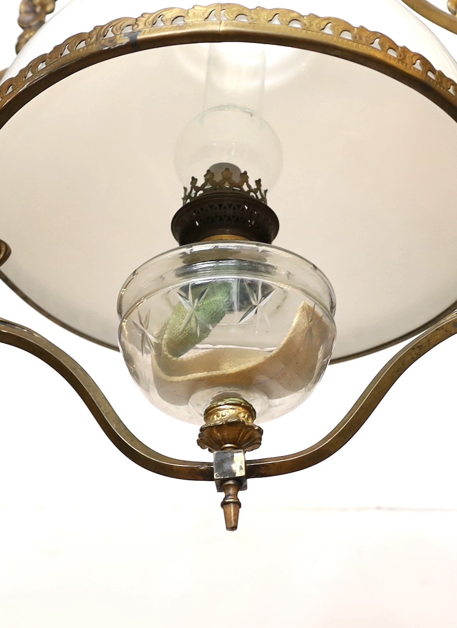 A late 19th century French bronze and cut glass hanging oil lamp with opaque glass shade, drop - Image 3 of 4