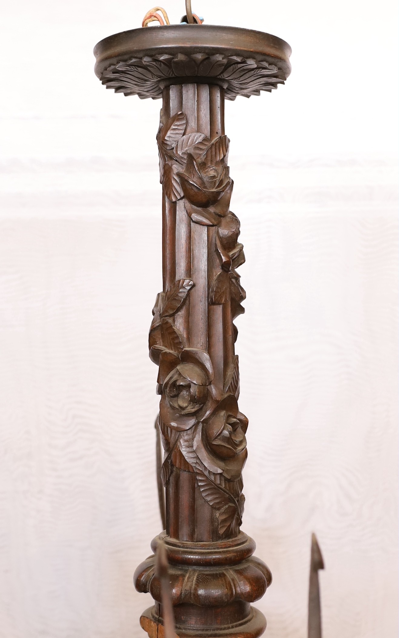 A Swiss Black Forest carved wood four light chandelier with caryatid branches and rose entwined - Image 4 of 5