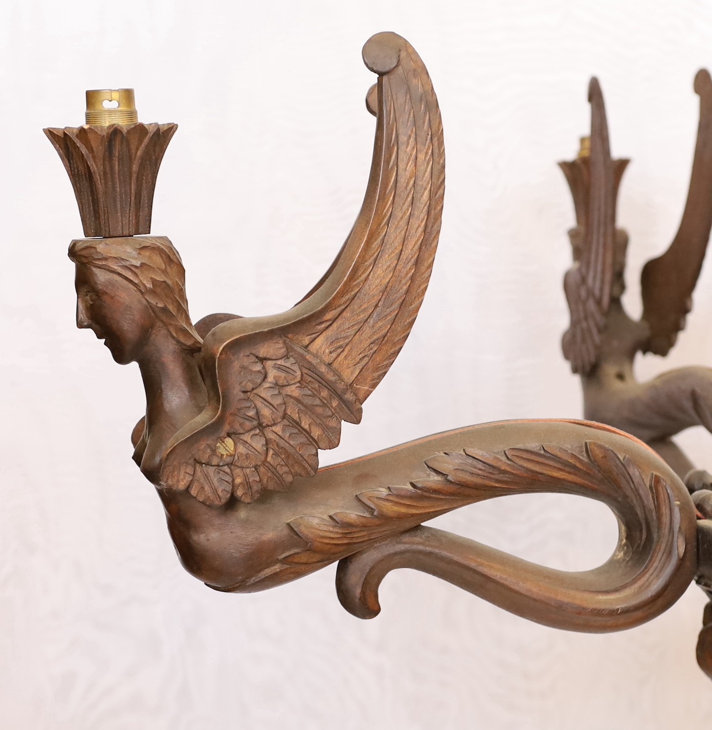 A Swiss Black Forest carved wood four light chandelier with caryatid branches and rose entwined - Image 2 of 5