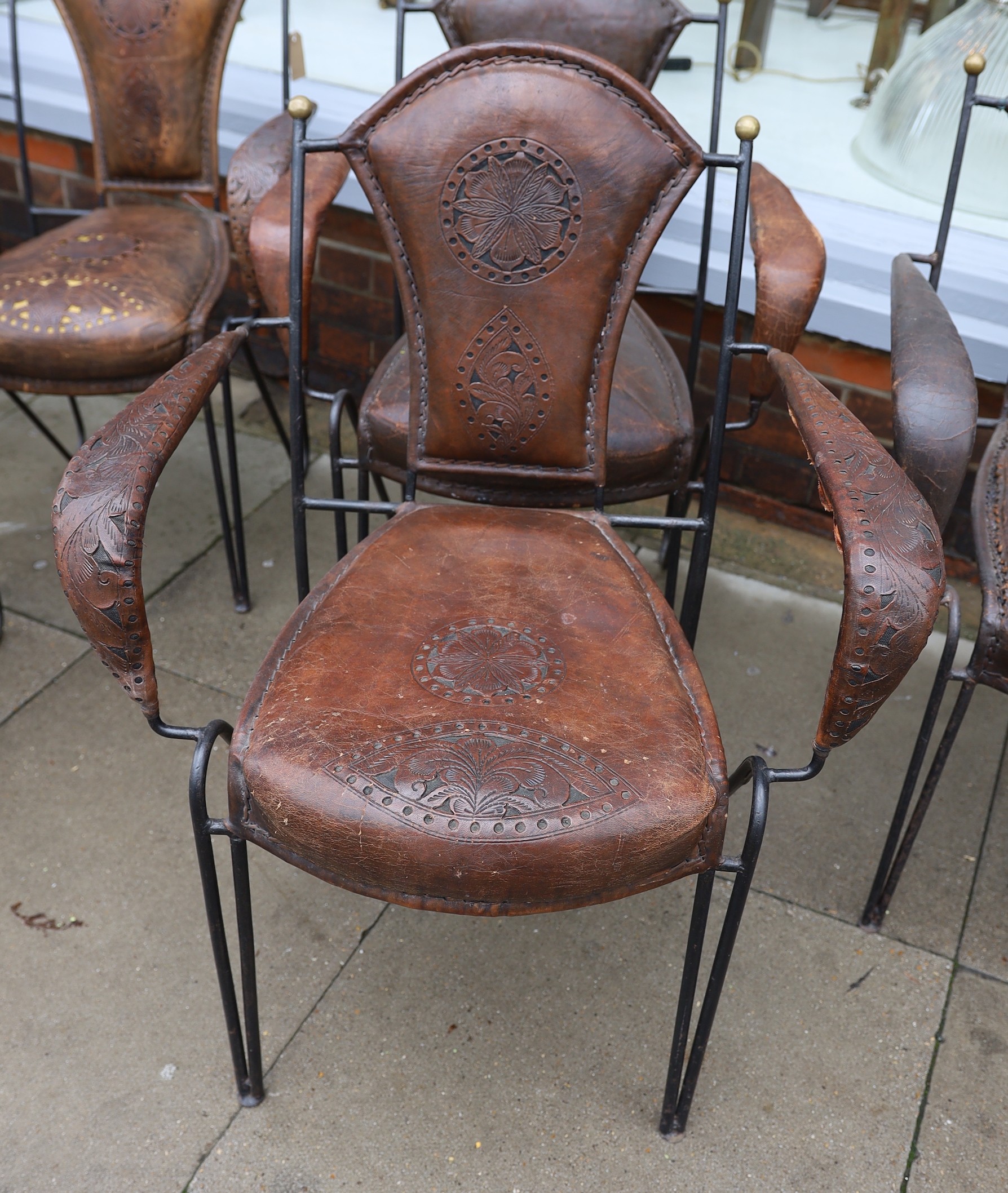 A set of six French wrought iron and brown leather elbow chairs, with brass ball finials, four - Image 5 of 5