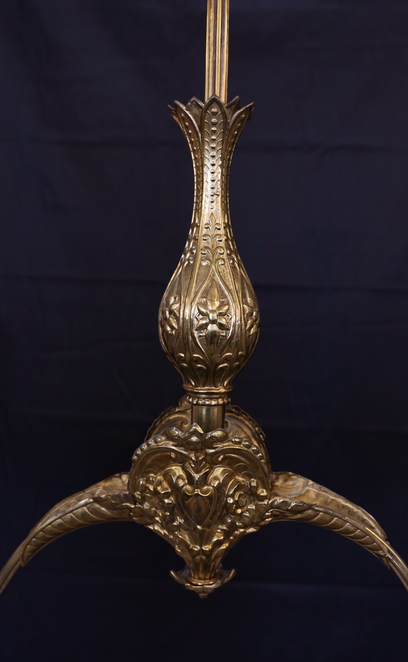 A mid 19th century brass twin branch gasolier with etched crystal glass shades, drop 100cm. width - Image 3 of 4