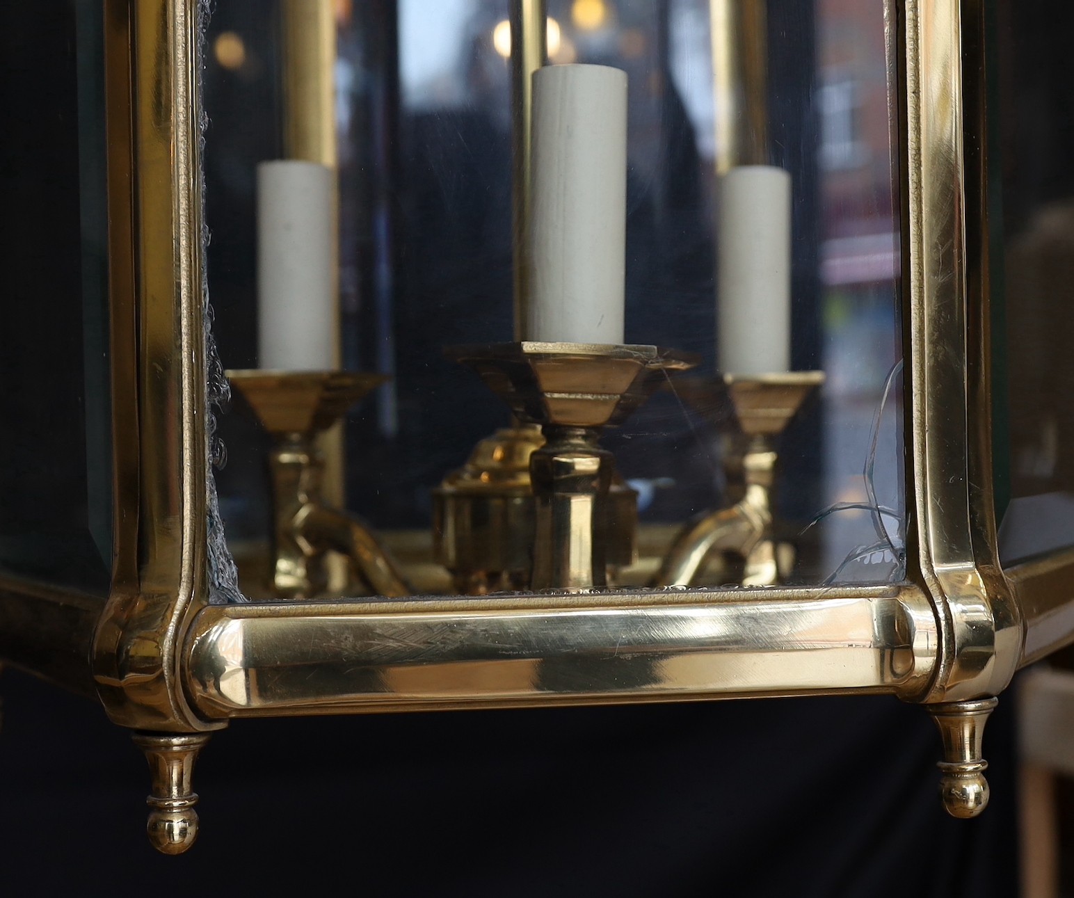 A large Georgian style hexagonal brass hall lantern with bevelled glass plates, height 79cm. width - Image 4 of 5