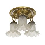 A 1920s French bronze ceiling light with three frosted glass shades, height 20cm. width 32cm