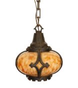 A pair of early 20th century Continental cast iron and marbled glass ceiling lights, height 28cm