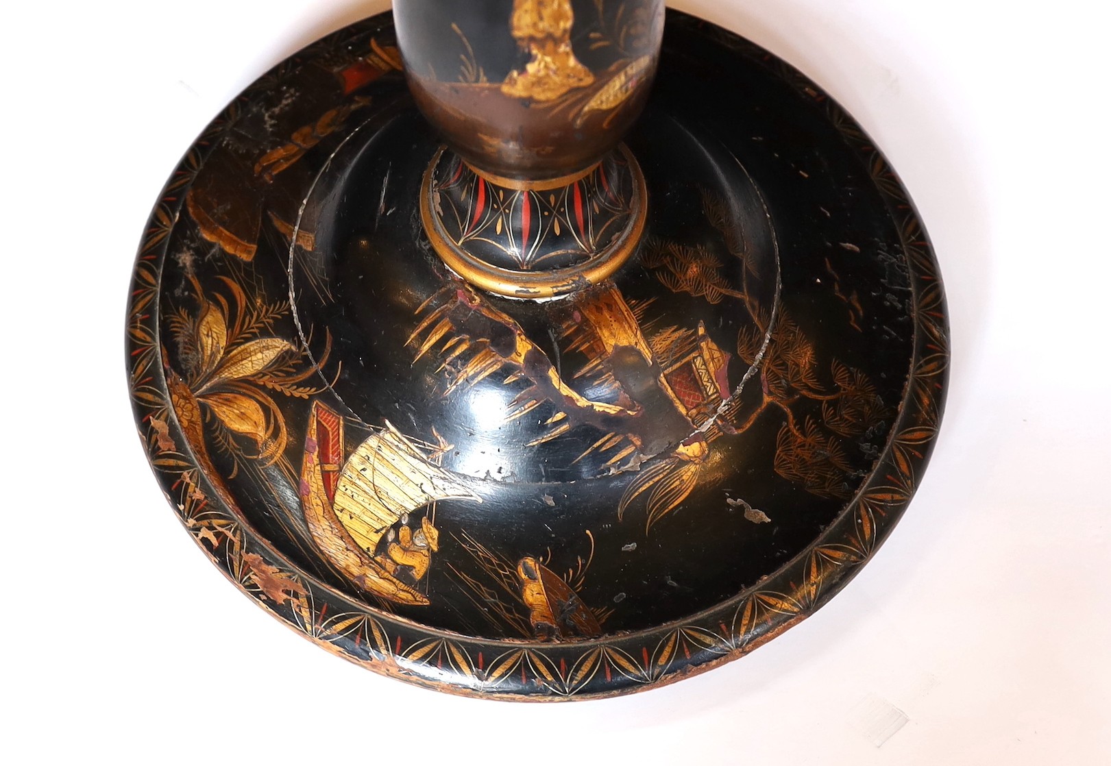 A 1920s English chinoiserie lacquered lamp standard, decorated with gilt figures in boats and - Image 2 of 4