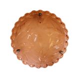 A 1930s French peach glass light bowl moulded with stylised leaves, with chain set and ceiling rose,