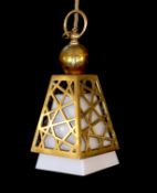 An early 20th century style brass and opaque glass light pendant, height 21cm