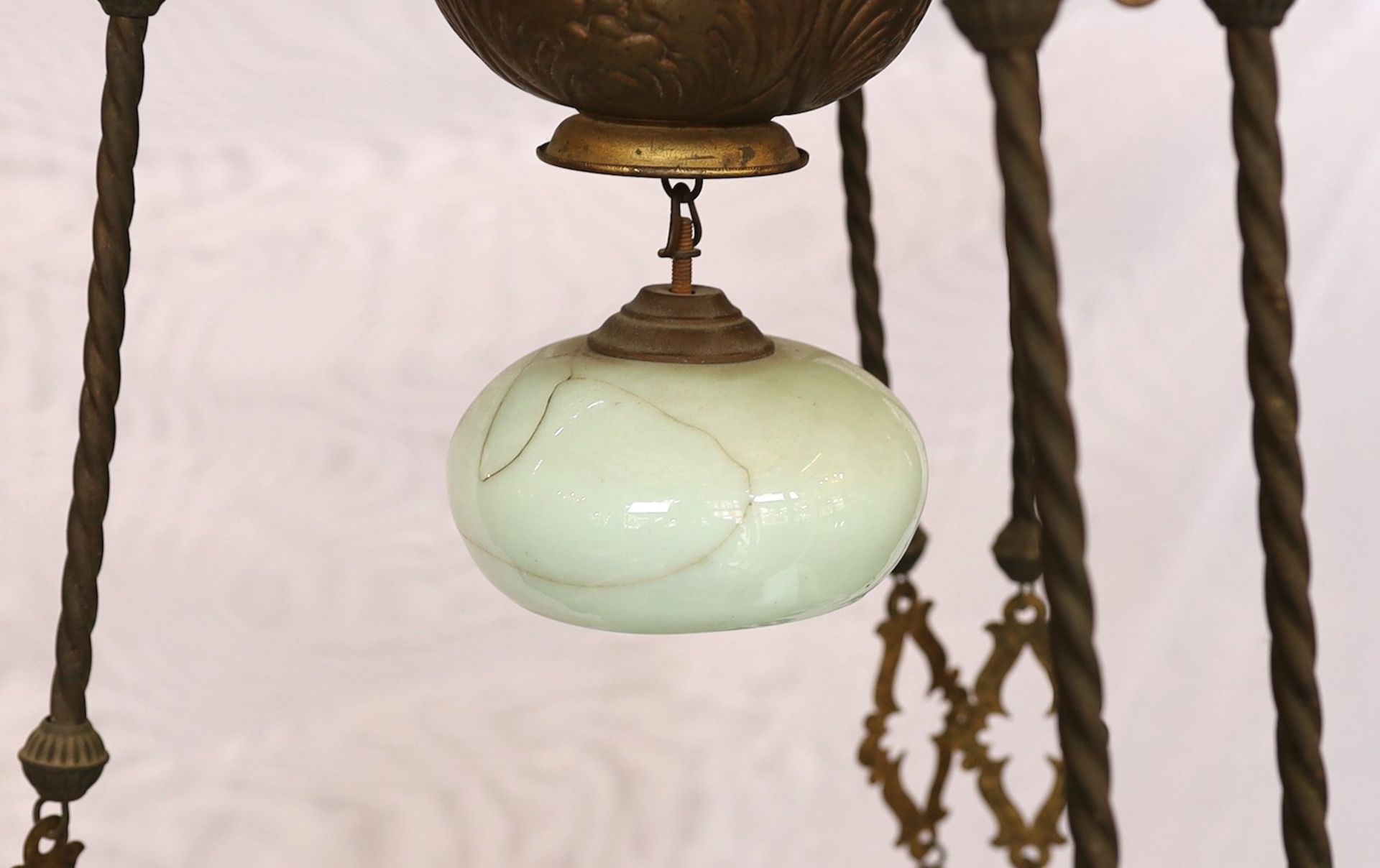 A Victorian brass counterbalanced hanging oil lamp with opaque blue glass shades and six candle - Image 3 of 4
