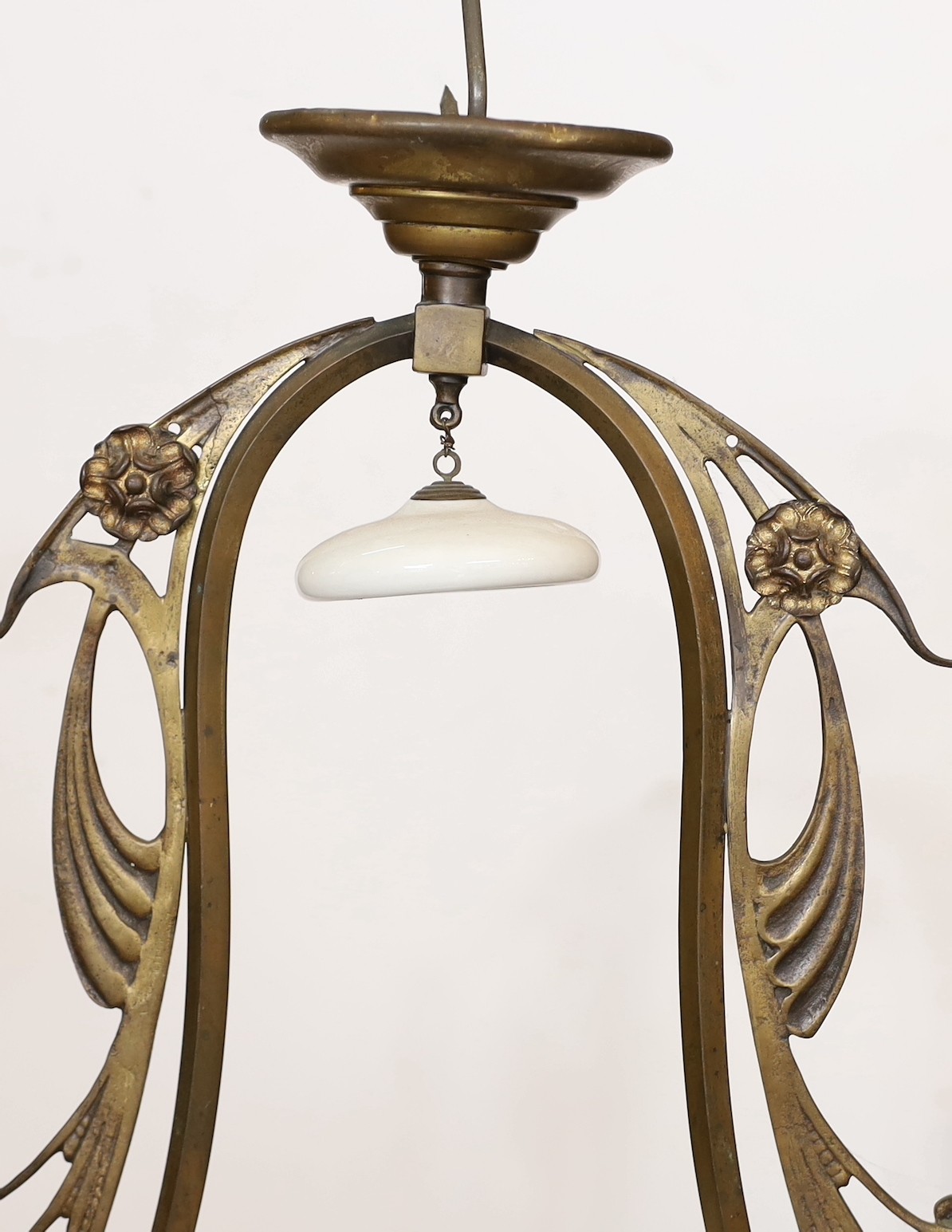 A late 19th century French bronze and cut glass hanging oil lamp with opaque glass shade, drop - Image 4 of 4