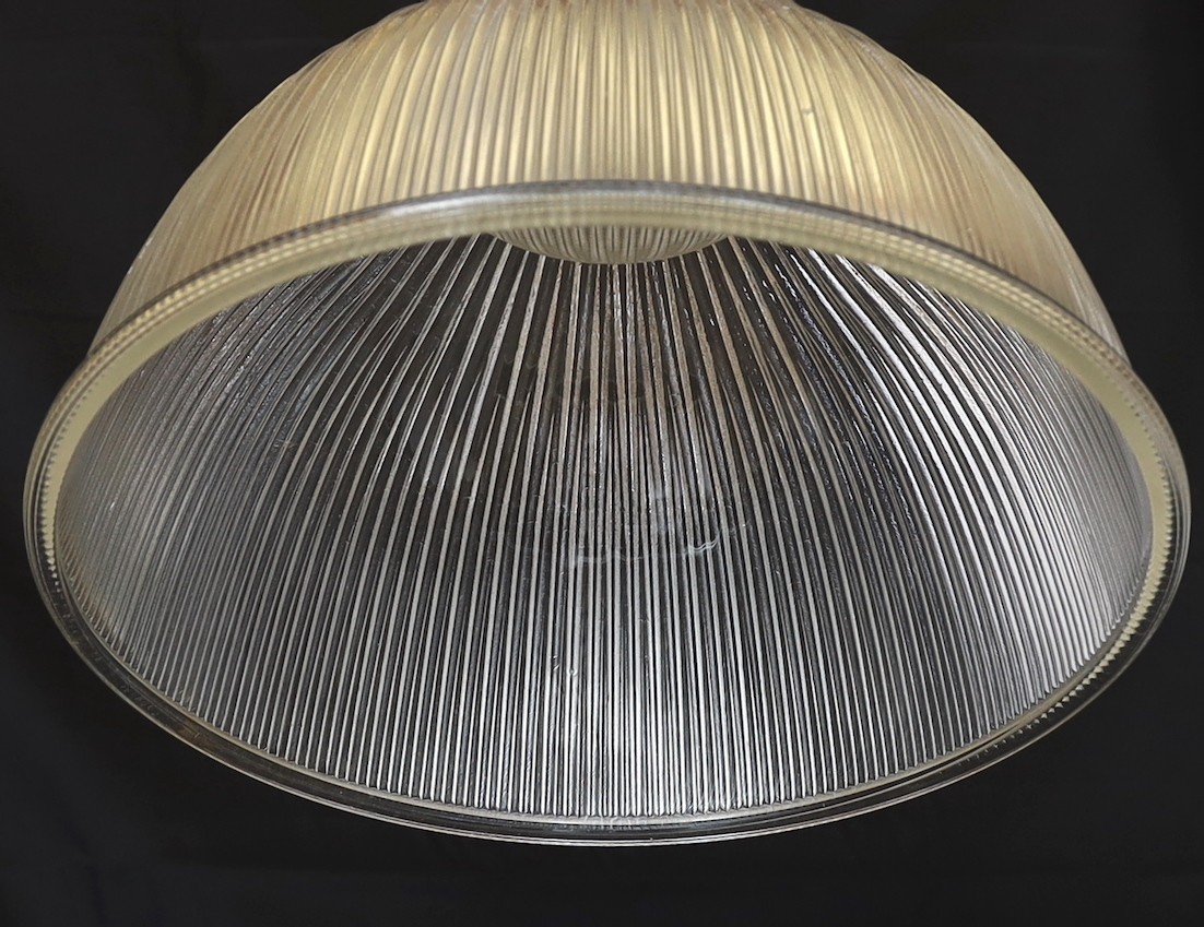 A pair of industrial style chrome plated ceiling lights with ribbed glass shades, signed Endural, - Image 3 of 4