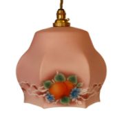 A 1930s frosted pink glass hexagonal lampshade with pendant fitting, height 18cm. width 14cm