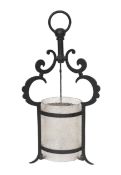 An early 20th century English wrought iron hall lantern with frosted glass liner, height 40cm to