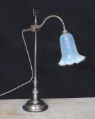A 1930s style chrome plated adjustable desk lamp with Vaseline glass shade, height 60cm,