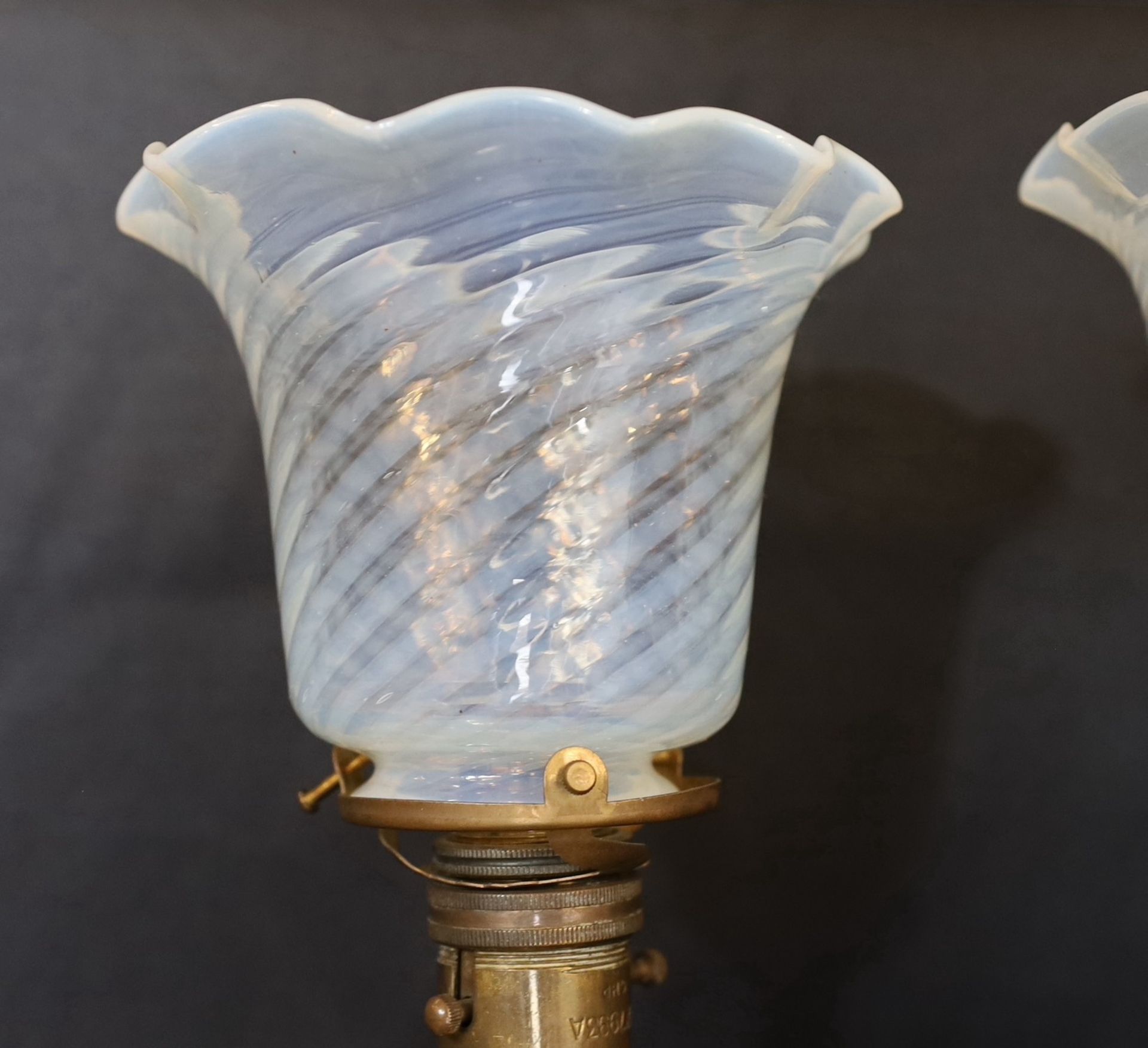 A pair of brass Pullman lamps with gimbal stems and Vaseline glass shades, modelled for wall - Image 2 of 4