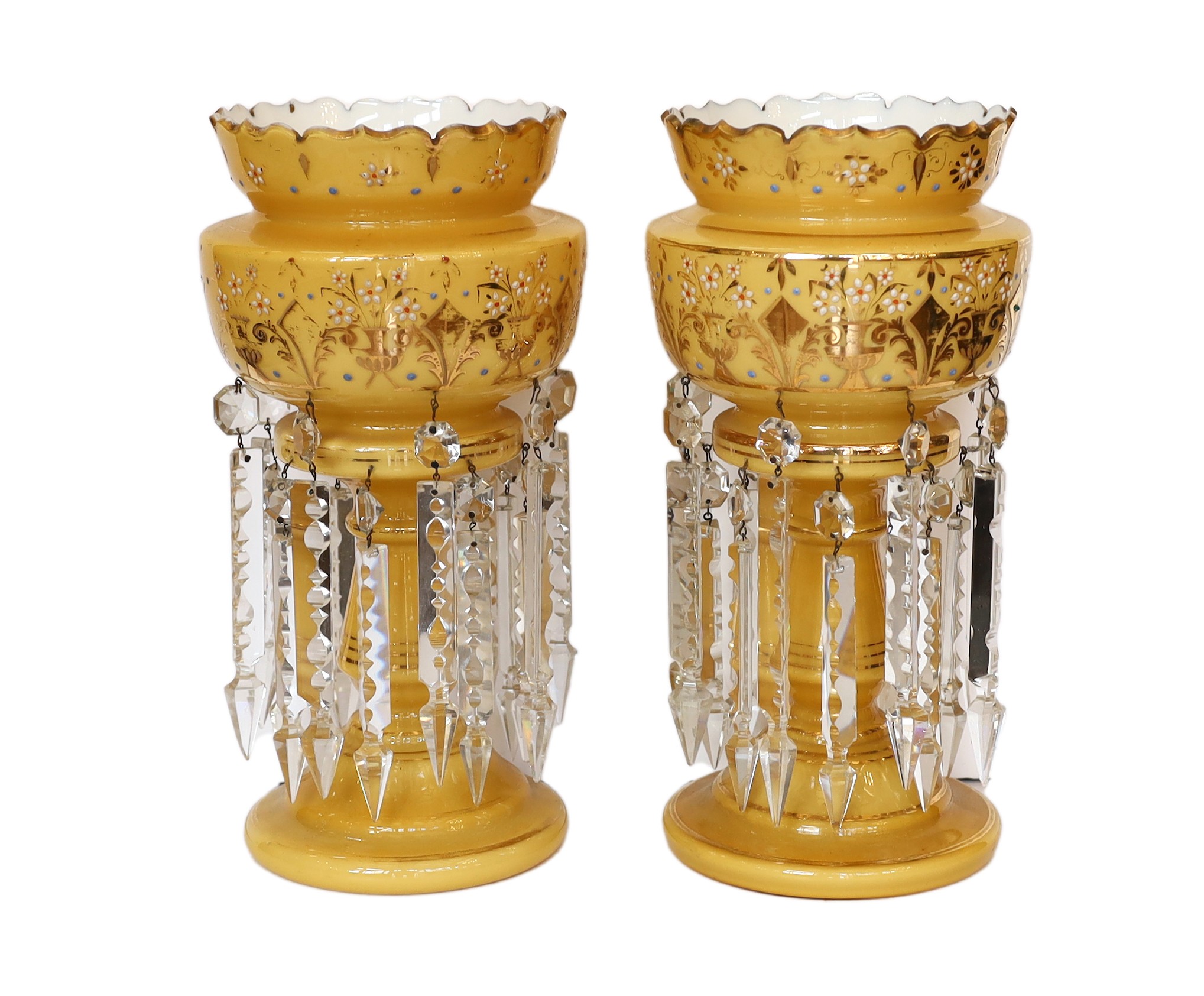 A pair of late 19th century Bohemian opaque glass lustres with enamelled and gilt floral decoration,