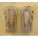 A pair of 1960s German fluted crackle glass wall lights, height 27cm. width 15cm