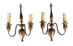 A pair of Edwardian silver plated brass wall lights, attributed to Faraday and Son, height 30cm.