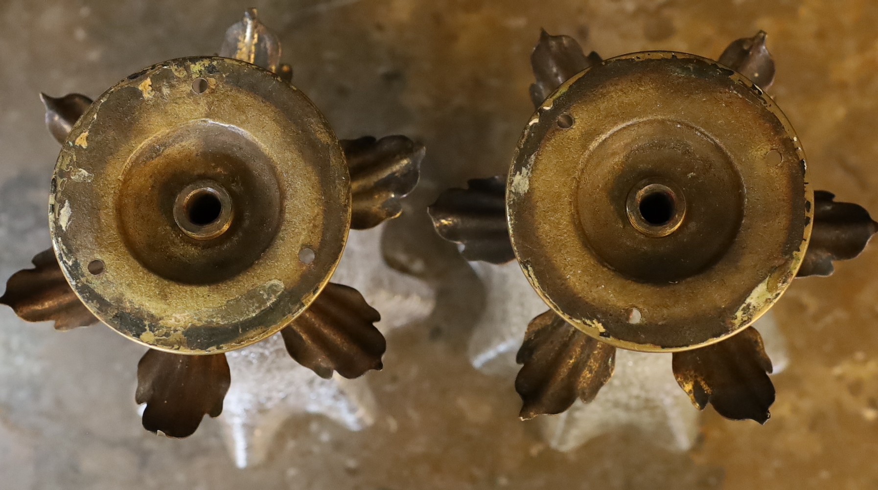 A pair of 1930s English brass ceiling lights of foliate form with crackle glass shades, height - Image 3 of 3