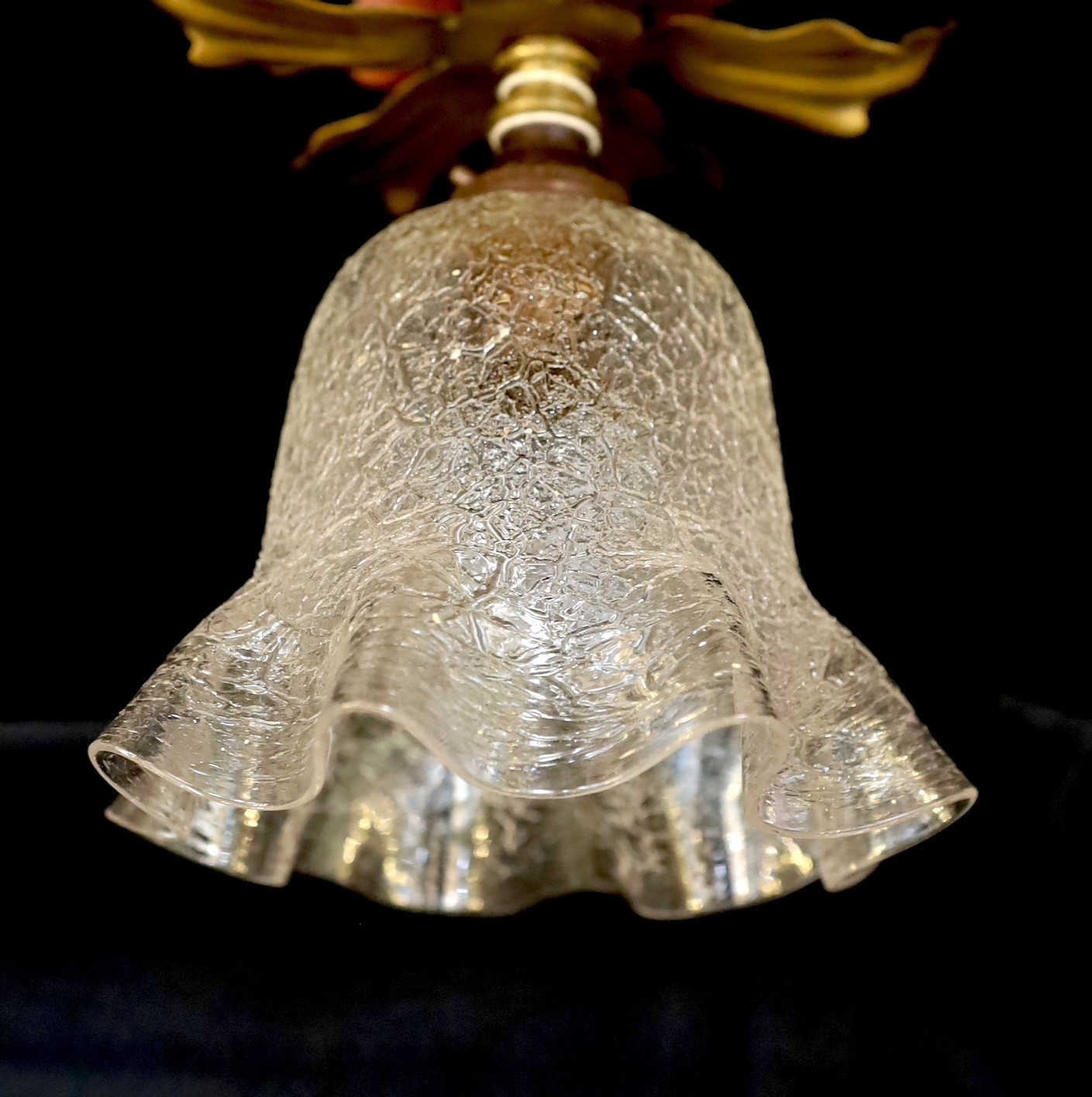 A pair of 1930s English brass ceiling lights of foliate form with crackle glass shades, height - Image 2 of 3