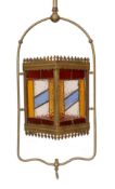 A Victorian brass and stained glass hall lantern, height 110cm. width 28cm