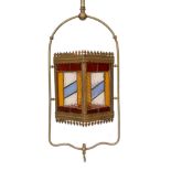 A Victorian brass and stained glass hall lantern, height 110cm. width 28cm