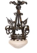 An early 20th century French wrought iron and cut and frosted glass hall lantern, height 40cm