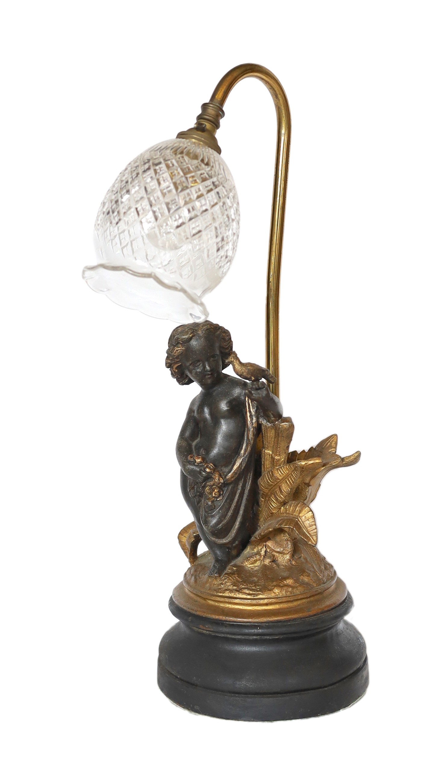 An Edwardian bronze spelter and brass table lamp with cut glass shade, height 46cm