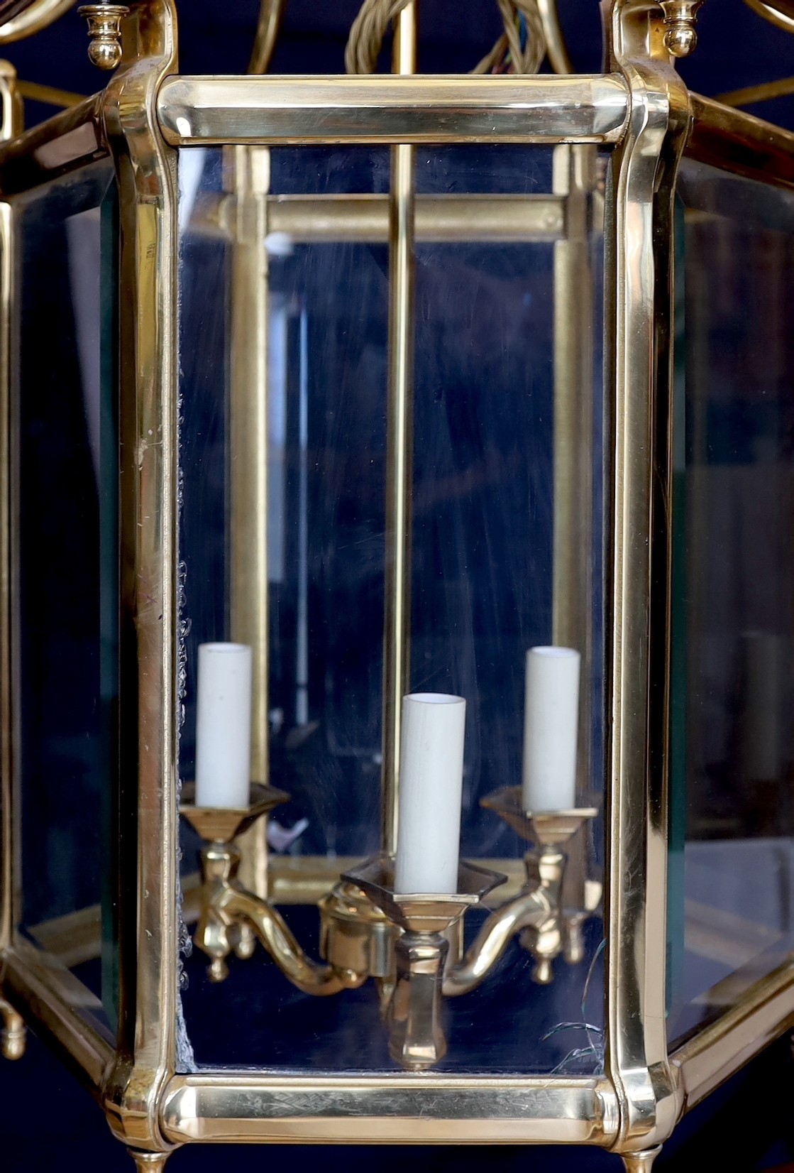 A large Georgian style hexagonal brass hall lantern with bevelled glass plates, height 79cm. width - Image 5 of 5