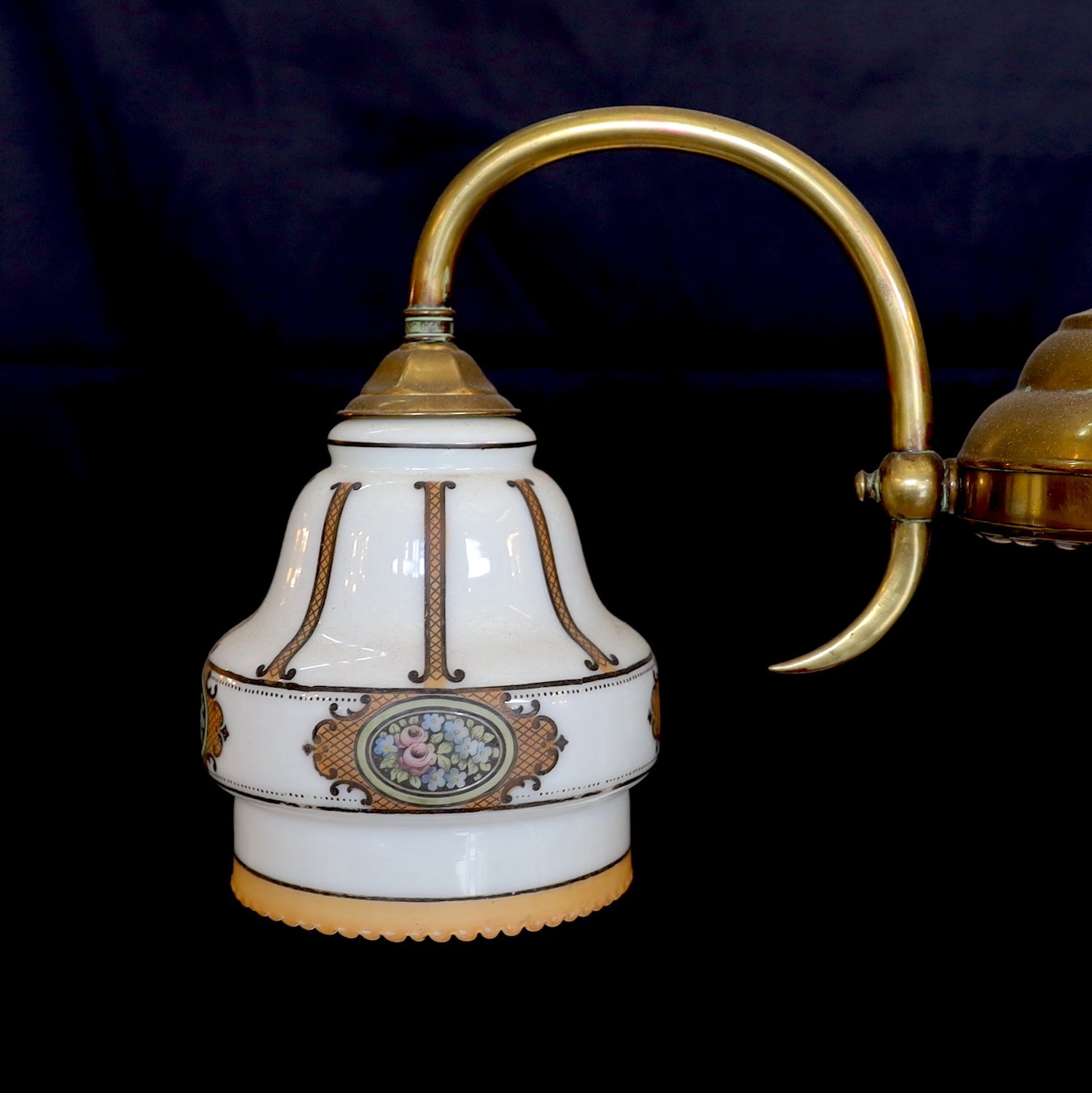 An early 20th century English lacquered brass light fitting with three stencilled opaque glass - Image 2 of 3