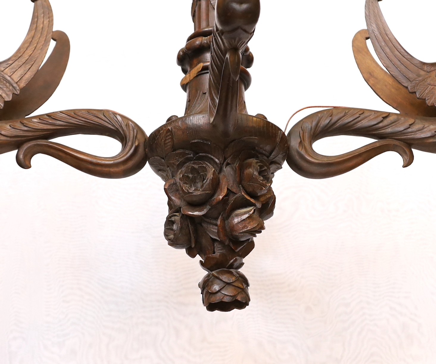 A Swiss Black Forest carved wood four light chandelier with caryatid branches and rose entwined - Image 5 of 5