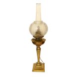 A late 19 century Austrian brass oil lamp with Ditmar mechanism and etched glass shade, converted to