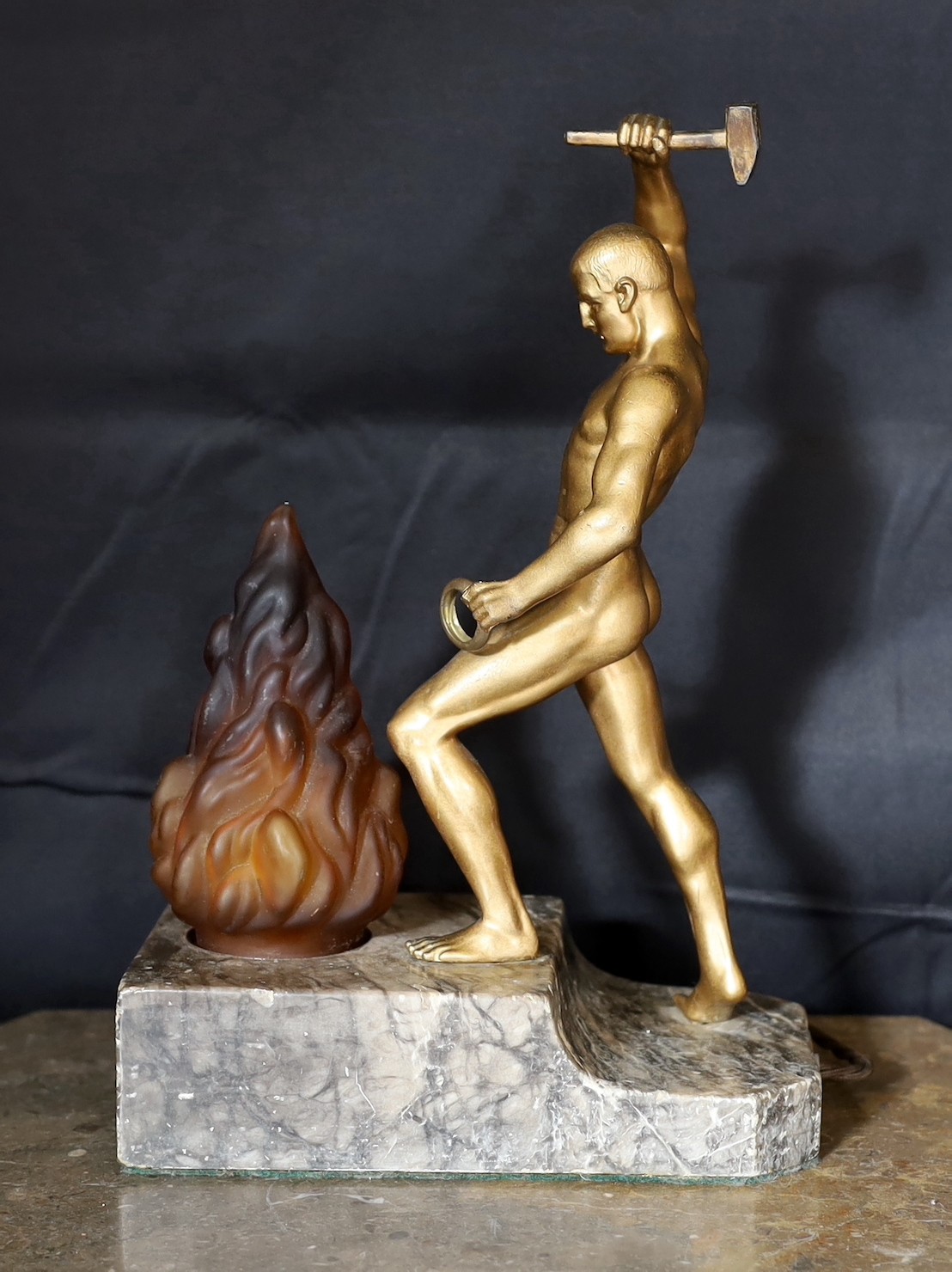 A 1930s Austrian bronzed spelter and marble lamp base modelled as Vulcan, stamped Bergman to the - Image 2 of 3