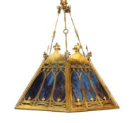A 19th century Scottish Gothic hexagonal brass and marbled glass light fitting, drop 70cm. width