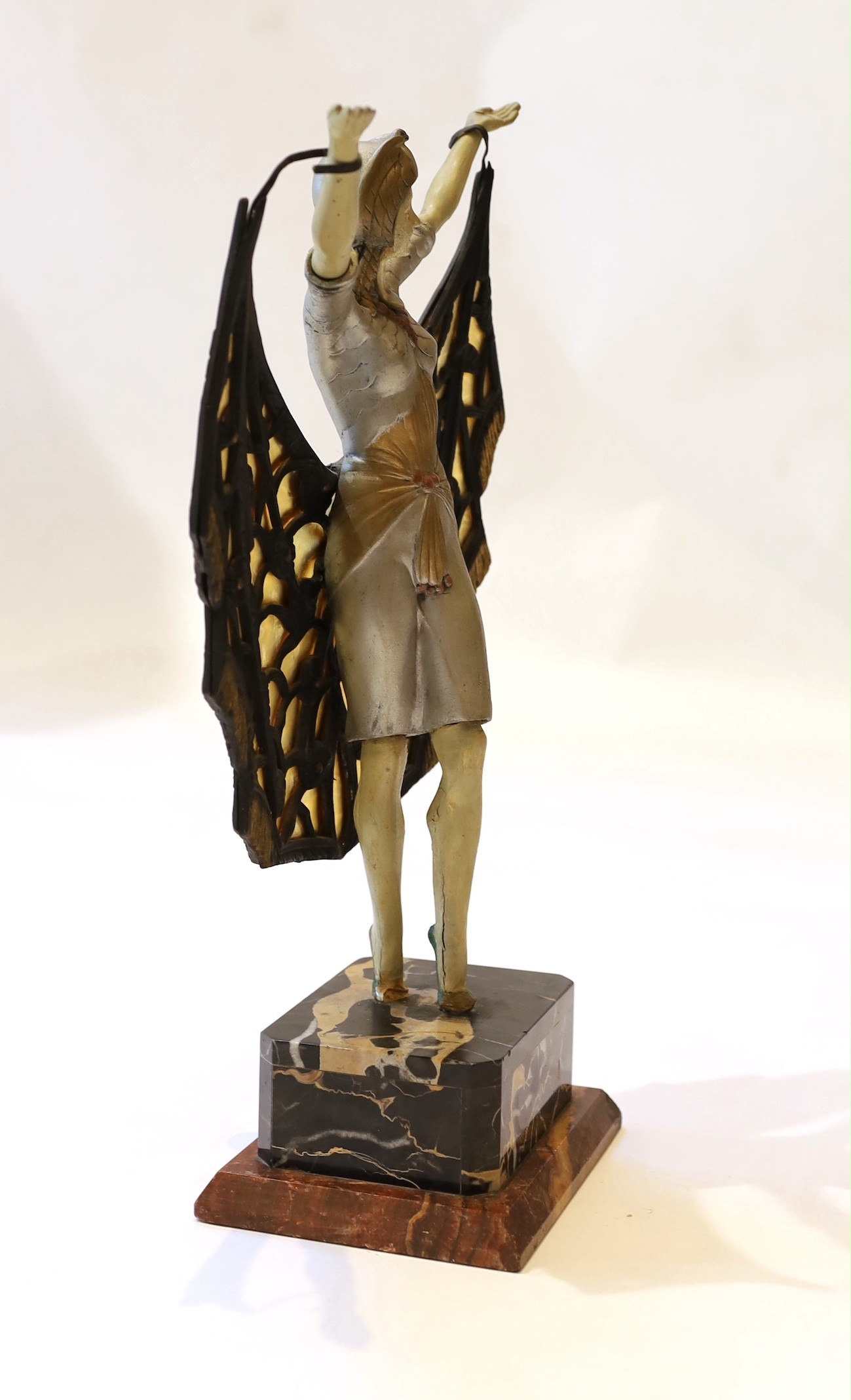 A 1920s French composition and metal butterfly dancer table lamp, on marble plinth, height 42cm - Image 4 of 5