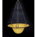 A 1930s style marbled glass light bowl with bronze chains and rose, drop 62cm, width 34cm