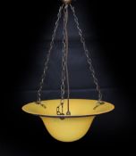 A 1930s style marbled glass light bowl with bronze chains and rose, drop 62cm, width 34cm