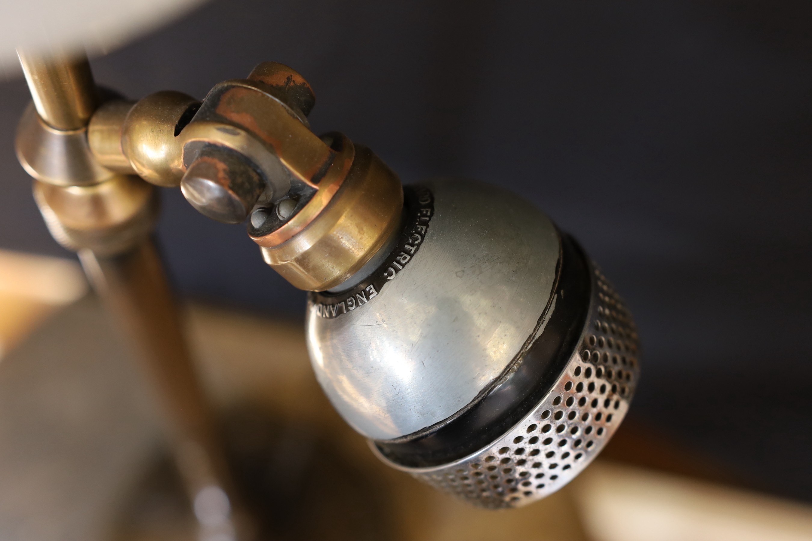 A 1920s BBC microphone converted to a table lamp, with loaded brass base and opaque white glass up - Image 4 of 4