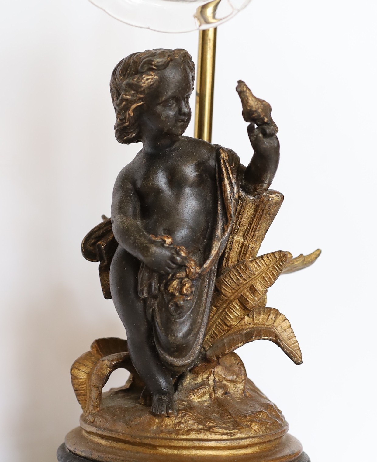 An Edwardian bronze spelter and brass table lamp with cut glass shade, height 46cm - Image 3 of 3