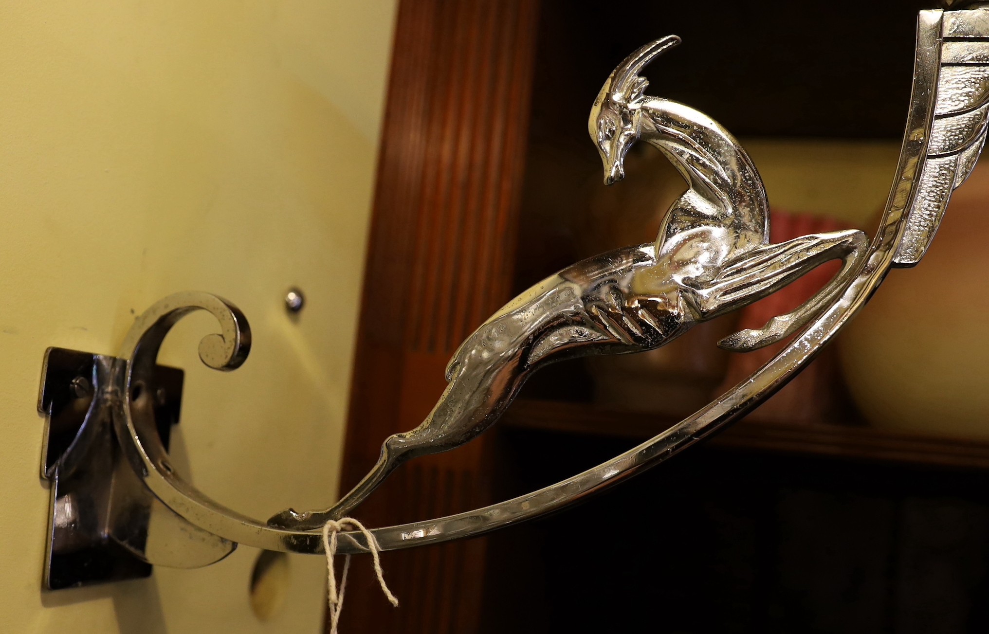 A French Art Deco nickel plated wall light with moulded glass shade and antelope stem, height - Image 3 of 3