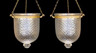 A pair of cut glass hurricane style ceiling lights, height 24cm. width 19cm