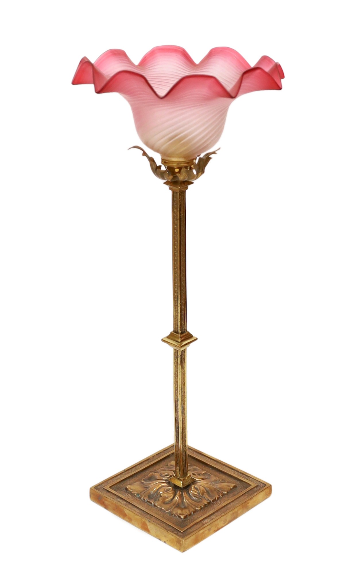 An early 20th century English lacquered brass table lamp with tinted and frosted glass shade, height