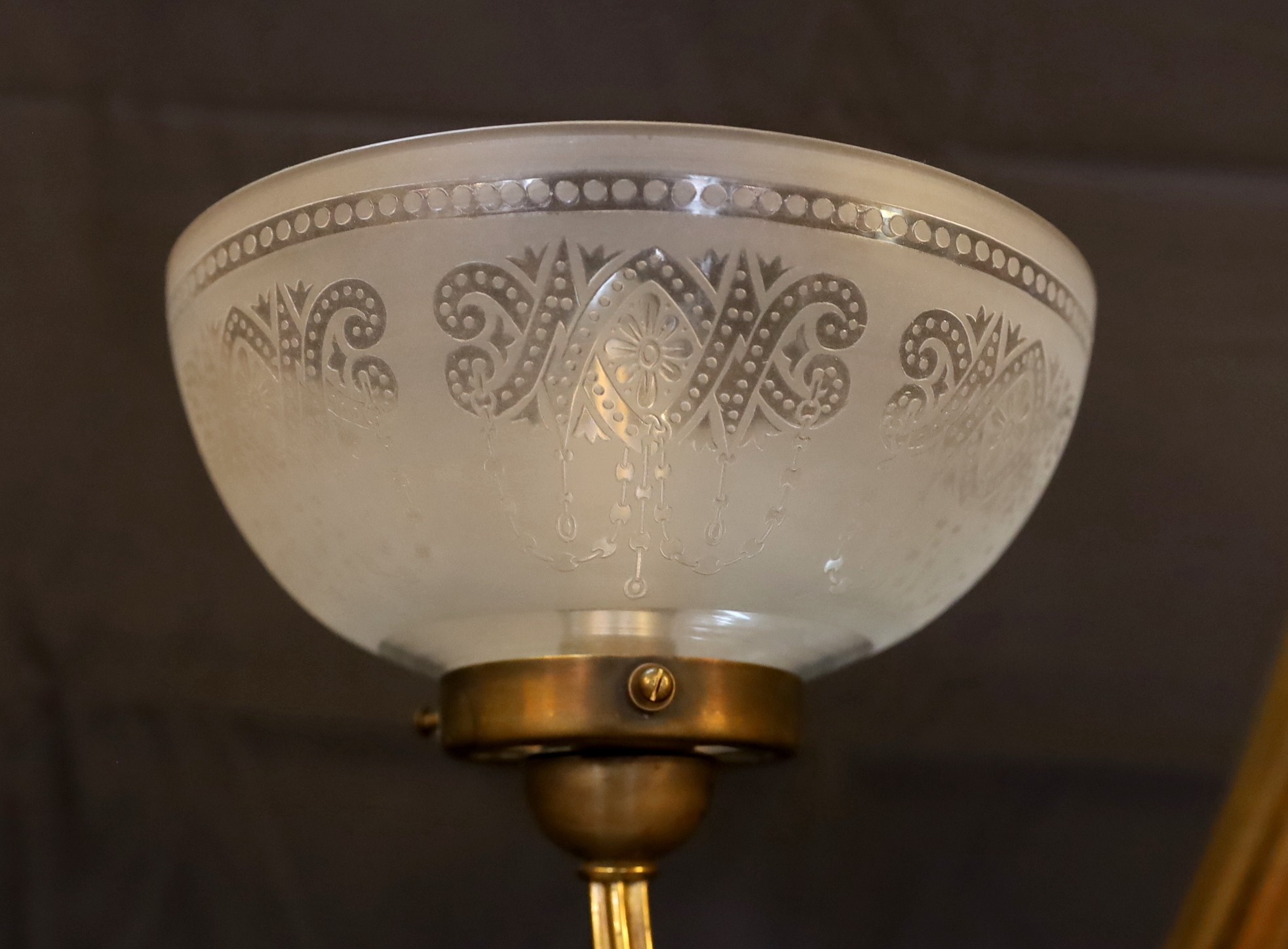 A mid 19th century brass twin branch gasolier with etched crystal glass shades, drop 100cm. width - Image 2 of 4