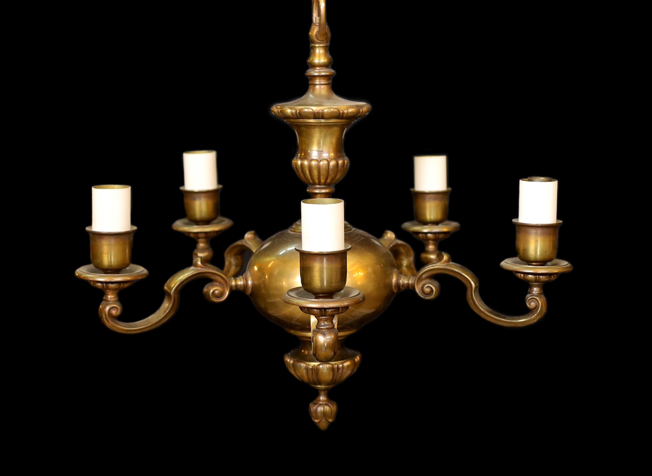 A 1930's English bronzed five light chandelier, height 48cm. width 50cm