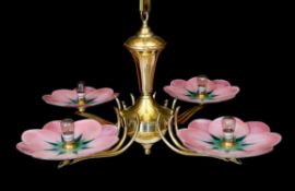 A 1930s French Leys Lurha polished brass four branch light fitting with stylised lotus flower pink