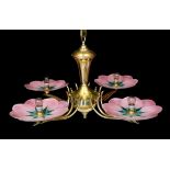A 1930s French Leys Lurha polished brass four branch light fitting with stylised lotus flower pink