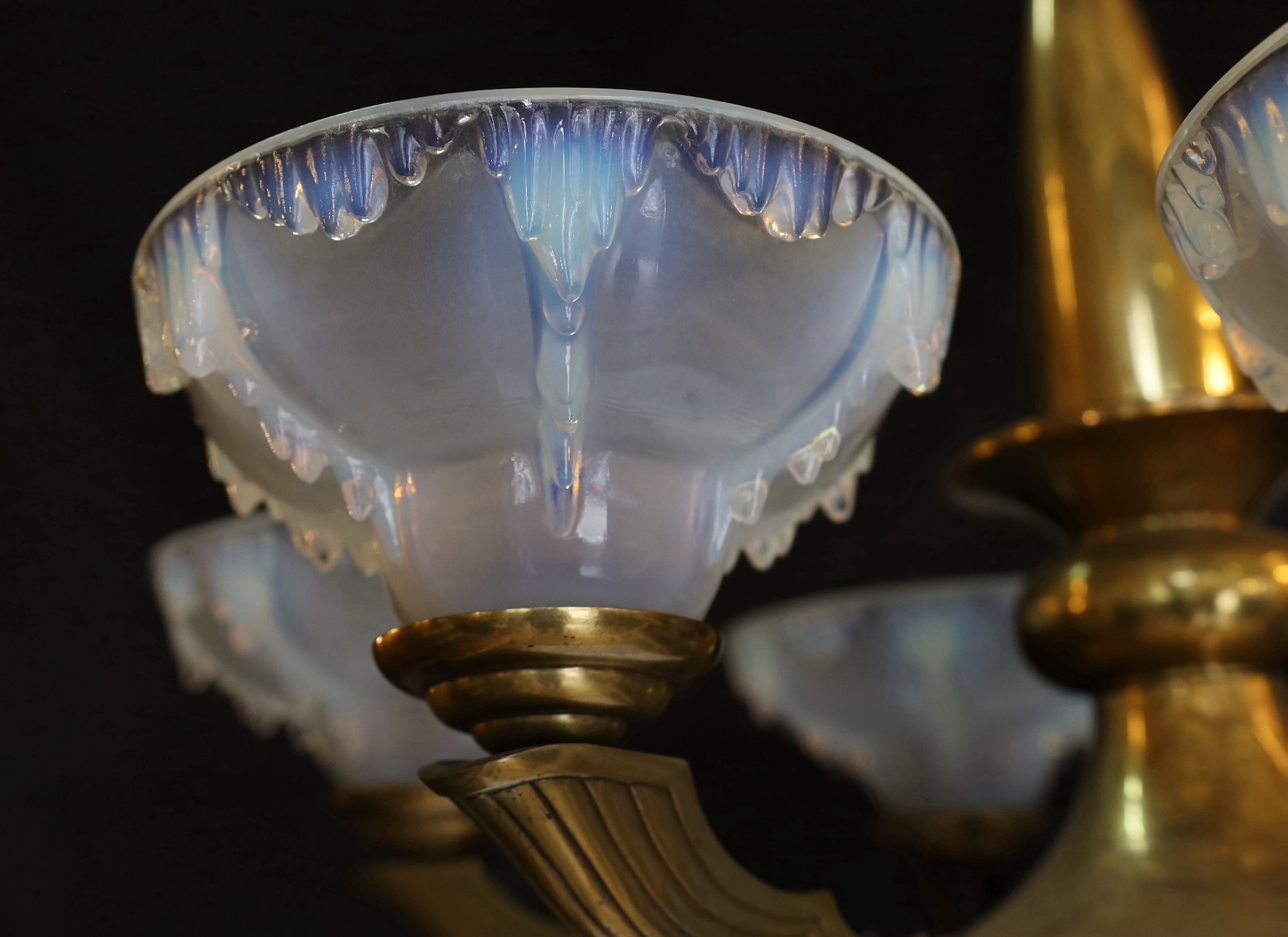 A French Art Deco bronze and opalescent glass six light chandelier by Ezan, with scrolling - Image 3 of 4