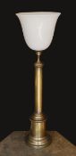 A 1950’s oxidised brass column table lamp with opaque white glass uplighter shade, height overall