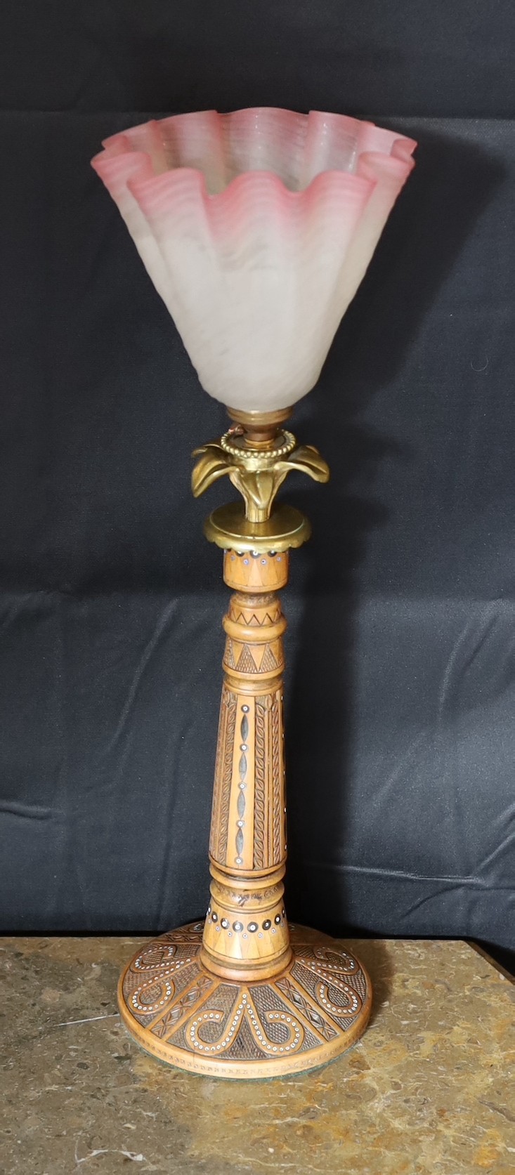 An early 20th century Danish carved and glass bead inset wood lamp base with brass flowerhead - Image 2 of 4