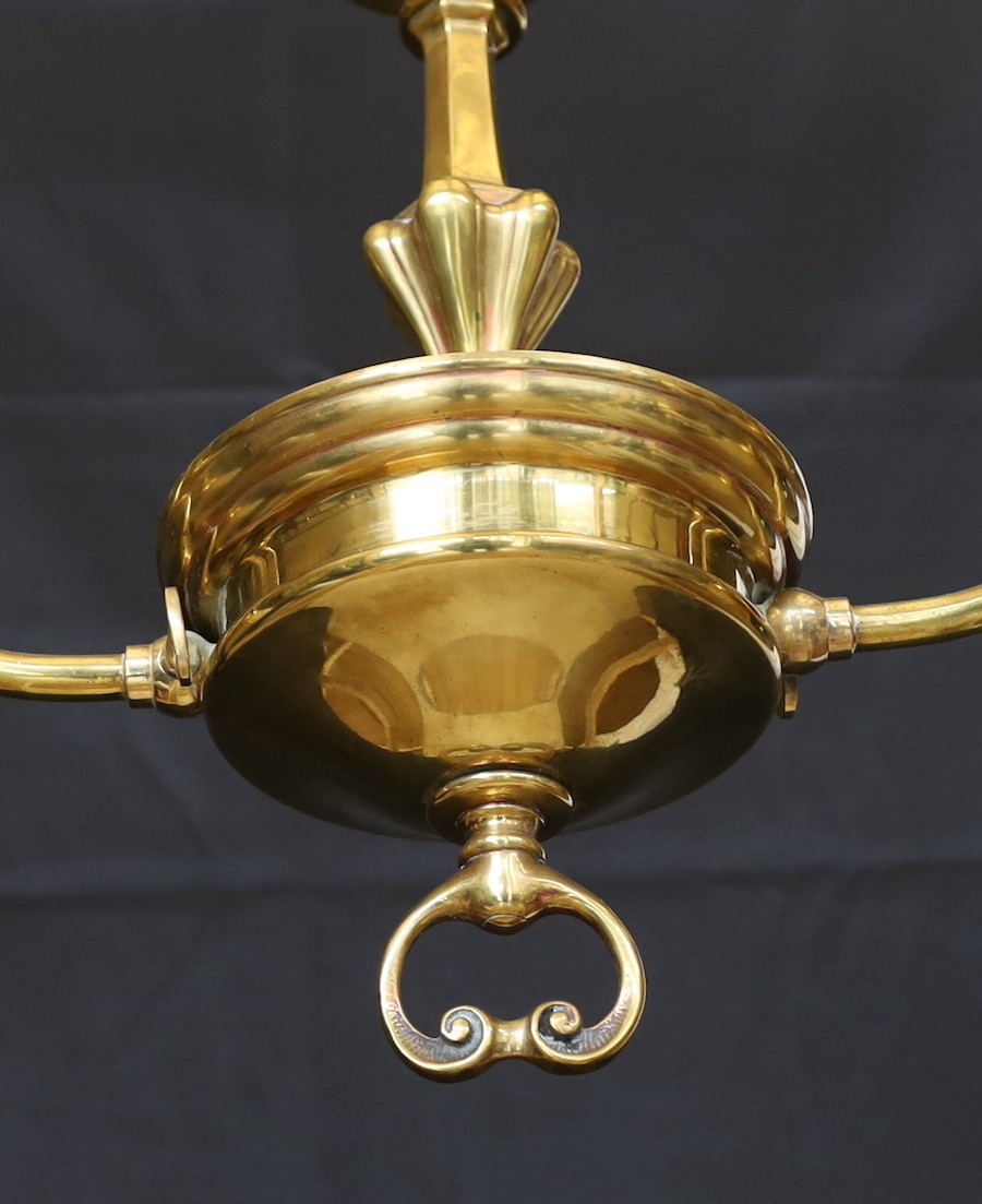 An early 20th century English brass twin branch light fitting with amber tinted tall glass shades - Image 3 of 4