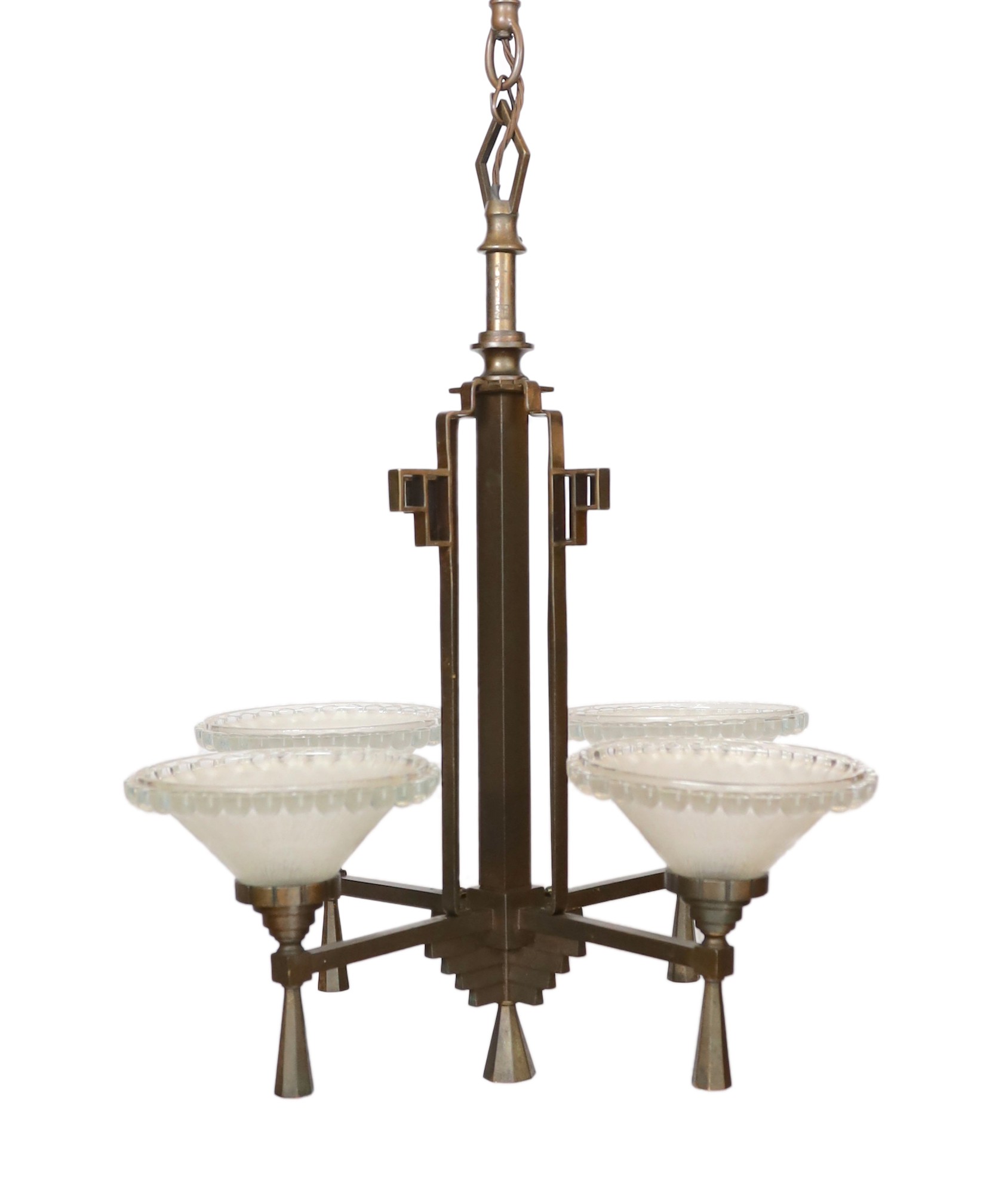 An Art Deco bronze and glass light fitting with four beaded frosted shades. height 81cm. width